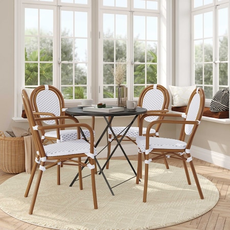 Flash Furniture Lourdes Thonet French Bistro Stacking Chair w/Arms, White/Gray PE Rattan/Bamboo Alum Frame, 4PK 4-SDA-AD642002A-WHGY-NAT-GG
